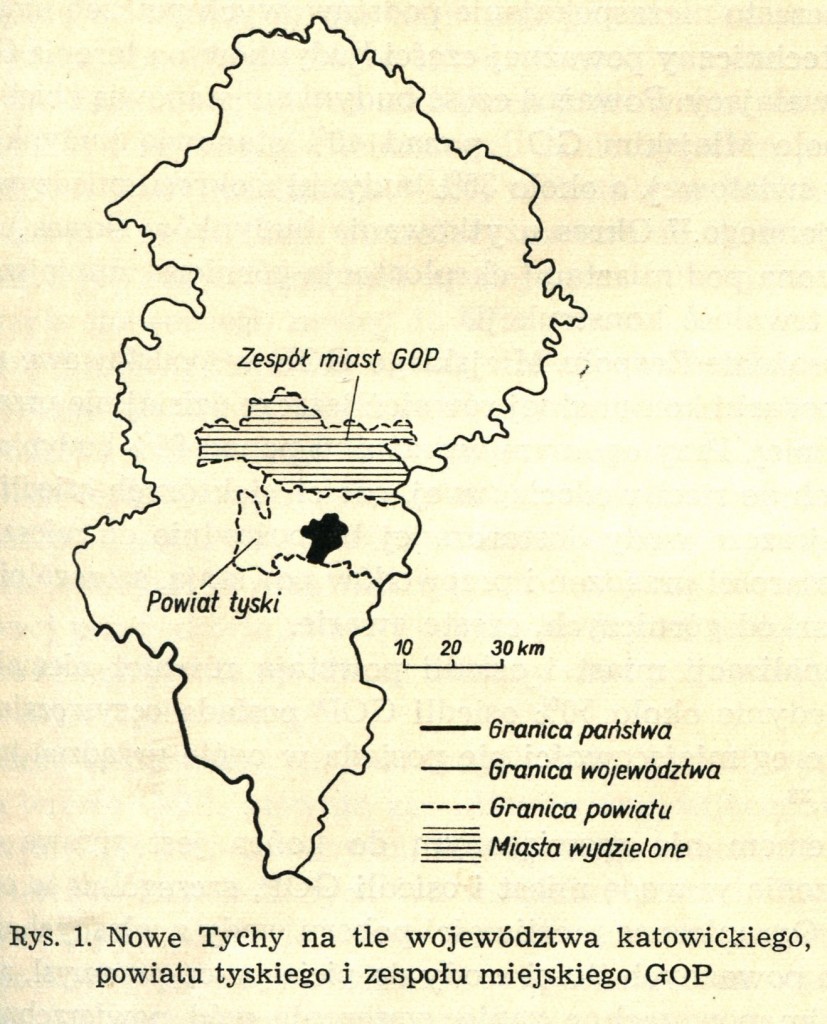 Nowe Tychy, na tle województwa katowickiego, powiatu tyskiego i zespołu miejskiego GOP, fot. Marek Grabania, Nowe Tychy. Miasto satelita, Katowice 1966